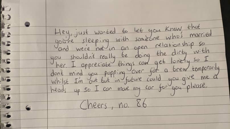 Man Leaves 'Very British' Note To Person Sleeping With His Wife