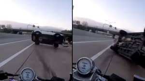 Motorcyclist Sent Flying By Horrific SUV Crash Narrowly Escapes Serious Injury