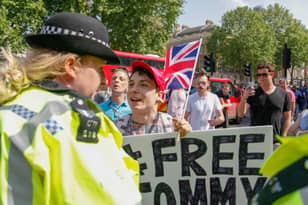 Demonstrator Gather At Downing Street Calling For Release Of Tommy Robinson 