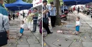 Little Lad Picks Up Steel Pipe To Defend His Grandma From Authorities