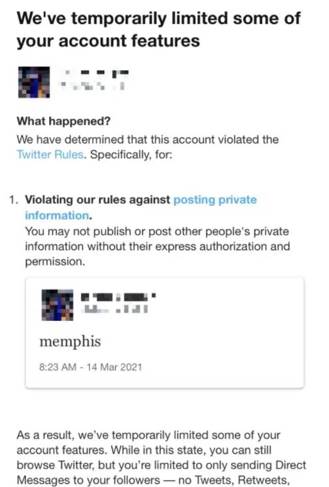 The message one account received after tweeting the word 'Memphis'. Credit: Twitter