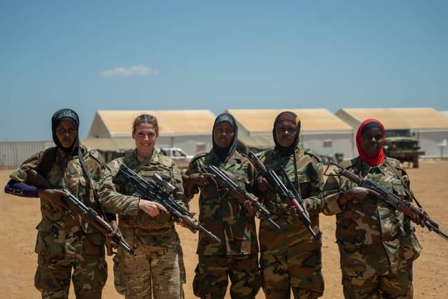Cpl Sophie Fitzhugh with troops from the Somalian National Army. Credit: Ministry of Defence 