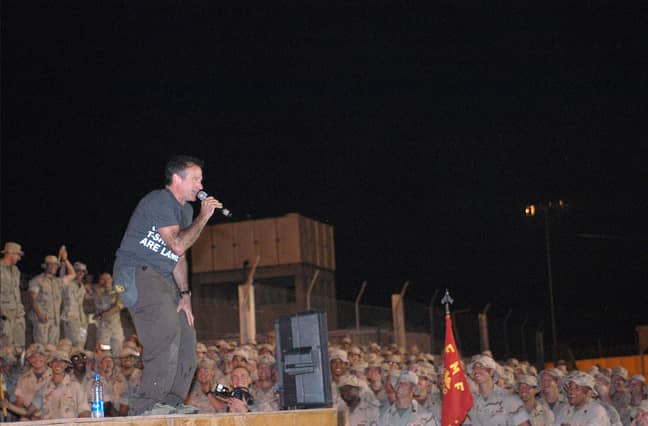 Robin Williams entertaining US soldiers in a Djibouti-based camp in 2003. Credit: PA