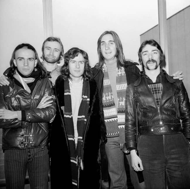 Genesis leaving for their US tour in 1974 (from the left:) lead singer Peter Gabriel, drummer Phil Collins, keyboards Tony Banks, bass Mike Rutherford and guitar Steve Hackett. (Credit: PA)