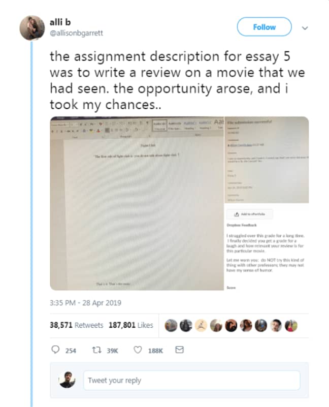 Allison decided to write her essay about 90s classic Fight Club. Credit: Twitter