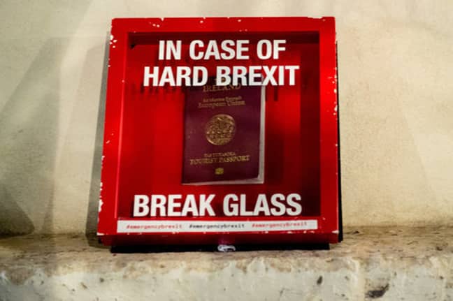 A mock Irish tourist passport in a 'break glass' in case of hard Brexit box seen at a protest last year. Credit: PA