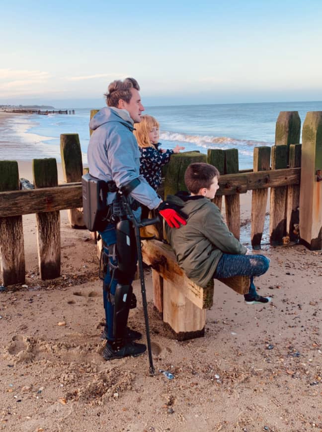 Simon on the sands with his son and daughter. Credit: Simon Kindleysides