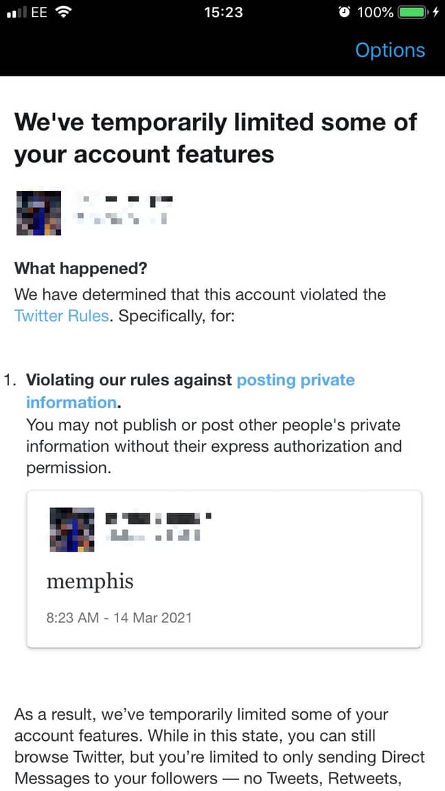 The message one account received after tweeting the word 'Memphis'. Credit: Twitter