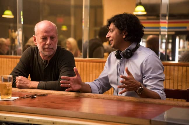 Willis and Shyamalan on set of the finale to the 'Eastrail 177' trilogy, 'Glass'. Credit: Glass Movie International/Twitter