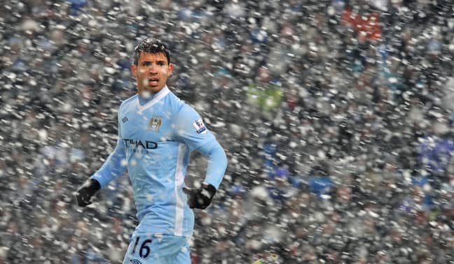 Manchester City striker Sergio Aguero in the snow during a February Premier League fixture in 2012. Credit: PA
