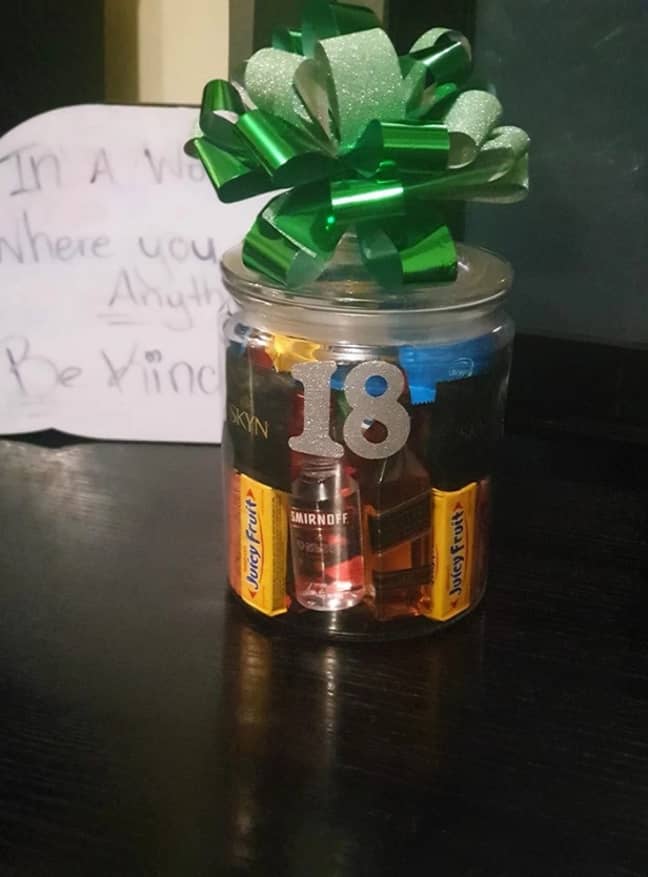 Is gifting your son a jar of condoms, booze and chewing gum weird? Credit: Facebook