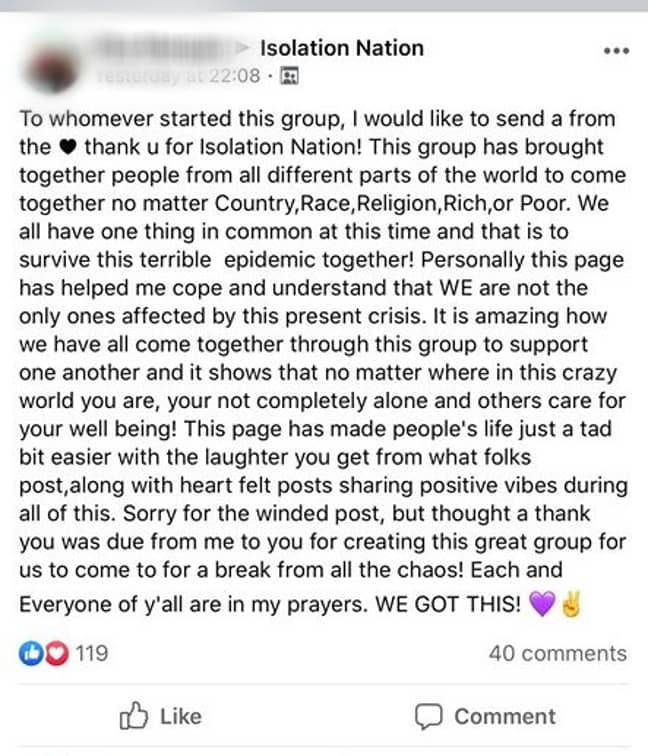 The Isolation Nation community group has brought people together from all over the world. Credit: Facebook