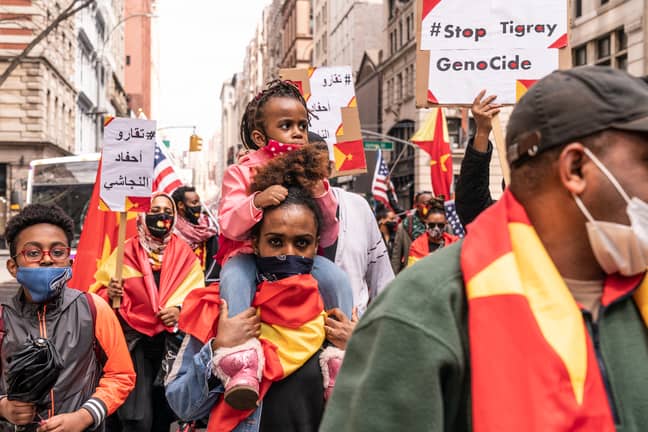 Protesters with Tigray flags and posters staged rally on Washington Square in New York. Credit: PA