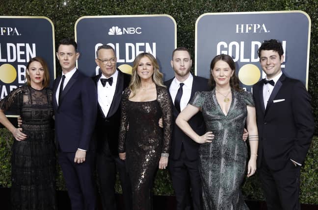 Samantha Bryant, Colin Hanks, Rita Wilson, Tom Hanks, Elizabeth Ann Hanks, Chet Hanks and Truman Theodore Hanks at the Golden Globes. Credit: PA