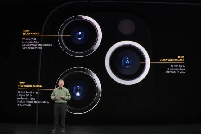 A still from the launch of the iPhone 11 explaining the three cameras. Credit: Apple