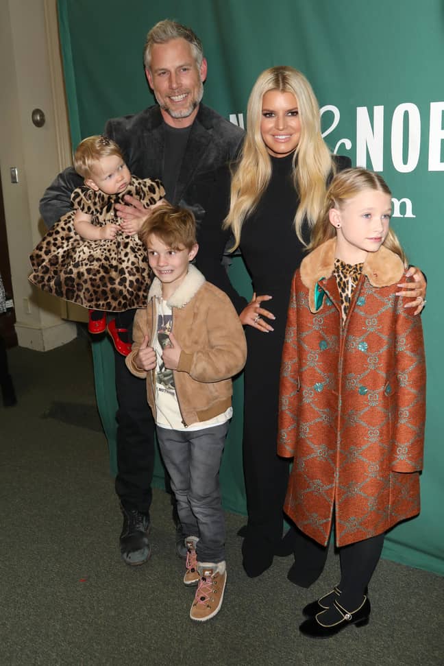 Jessica Simpson, Eric Johnson and their three kids at a book event for her memoir in 2020. (Credit: PA)