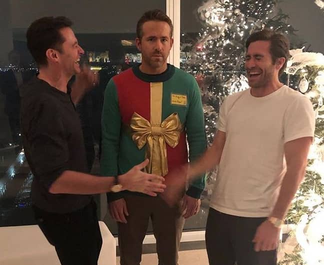 Hugh Jackman and Jake Gyllenhaal are clearly happy with their festive prank on Ryan Reynolds. Credit: Instagram/vancityreynolds