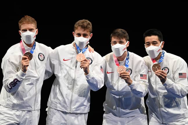 Members of Team USA pose with the bronze medals during the awarding ceremony for the fencing men's foil team event at Tokyo 2020 Olympic Games. (Credit: PA)