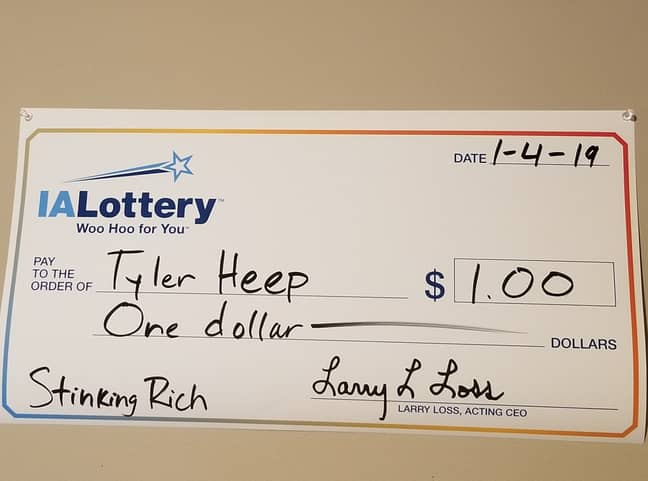 A company has agreed to frame the giant cheque for free so Tyler can hang it up. Credit: Facebook/Tyler Heep/IA Lottery
