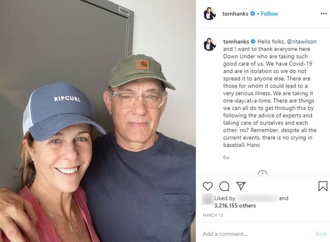 The couple warned people to self-isolate to protect vulnerable people from COVID-19. Credit: Instagam/Tom Hanks