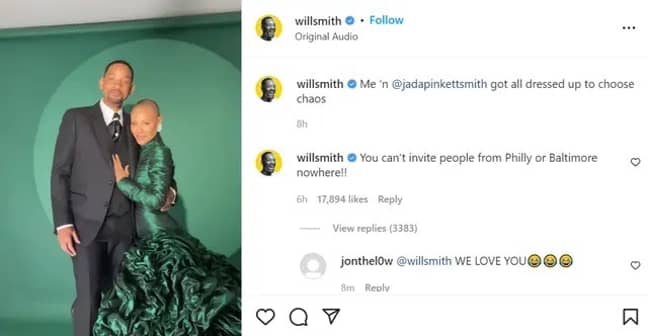 Smith added a comment to the post after the incident. Credit: willsmith/Instagram