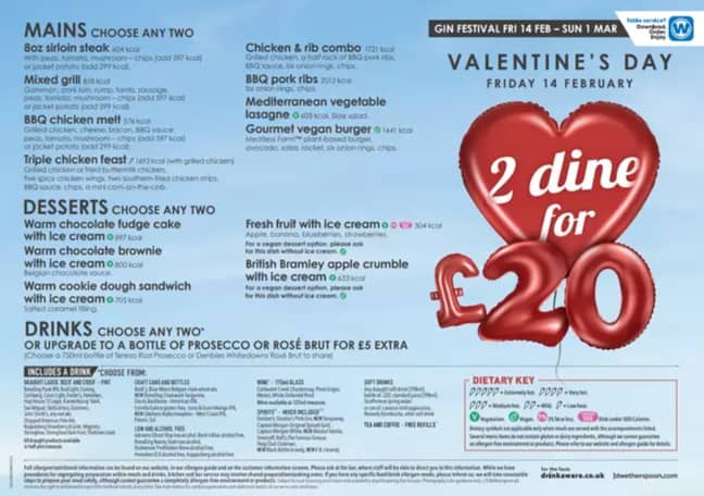 The JD Wetherspoon Valentine's Day menu. Credit: JD Wetherspoon
