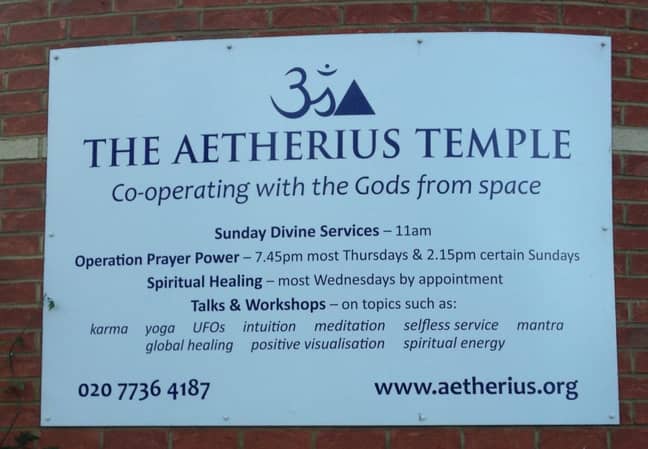 A sign outside the Aetherius Temple in Fulham advertising services. 