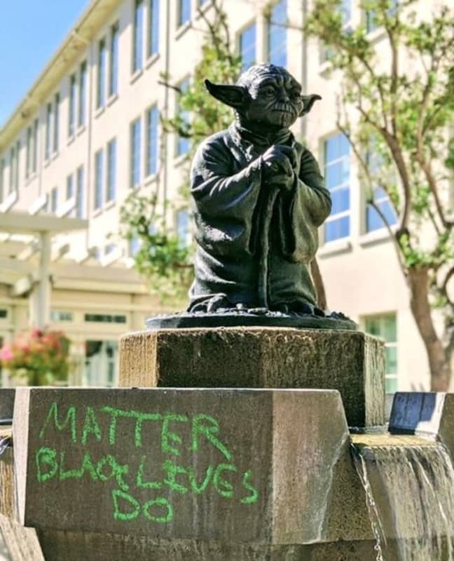 John Boyega shared a picture of a Black Lives Matter message written on a statue of Yoda. Credit: Twitter/Yvette Nicole Brown