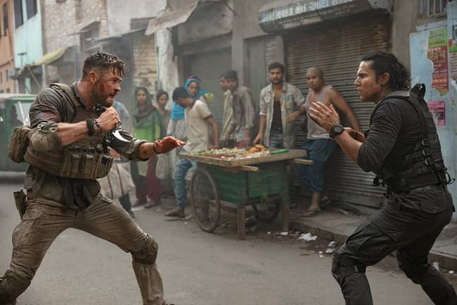 Chris Hemsworth and Rudhraksh Jaiswal in Hargrave's directorial debut, Extraction. Credit: Netflix