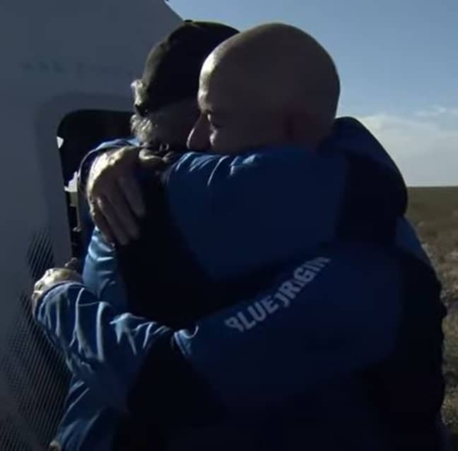 Shatner embraced Bezos upon landing back on Earth. Credit: NBC News/Blue Origin