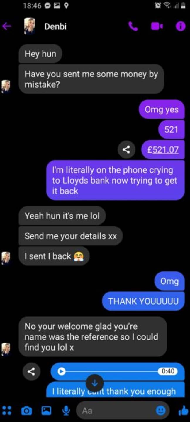Denbi reached out to Leah after spotting the money in her account. Credit: Supplied
