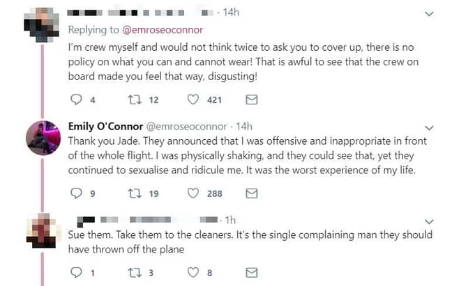 Emily said that the cabin crew 'continued to sexualise and ridicule' her. Credit: Twitter/@emroseoconnor
