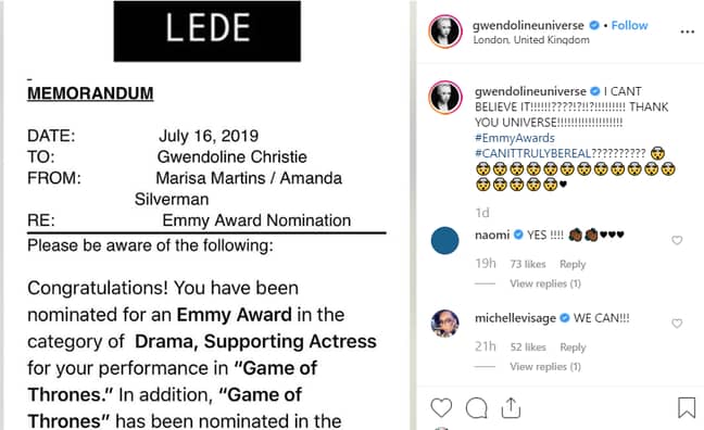 Christie shared the good news with fans on social media. Credit: Instagram/Gwendoline Christie