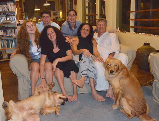 Pictured: Left to right - Gayle, Liam, Yarden, Chad, Tova and Navot with dogs Finn and Nemo. Credit: Storytrender