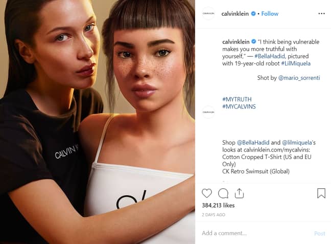 Bella Hadid and Lil Miquela in a promotional shot. Credit: Calvin Klein/Instagram