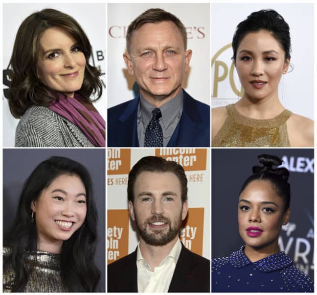 Top row (L-R) Tina Fey, Daniel Craig, Constance Wu. Bottom row (L-R) Awkwafina, Chris Evans and Tessa Thompson. Credit: PA
