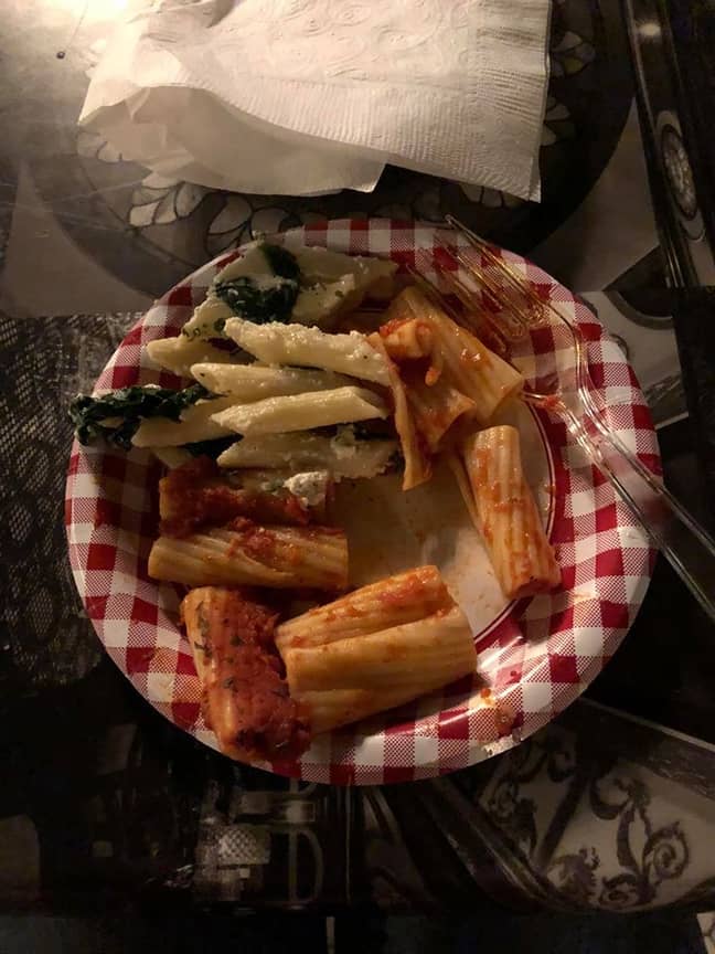 The 'themed bites' turned out to be room-temperature pasta and beige supermarket appetisers. Credit: Facebook/Cheated By LOL Event Group