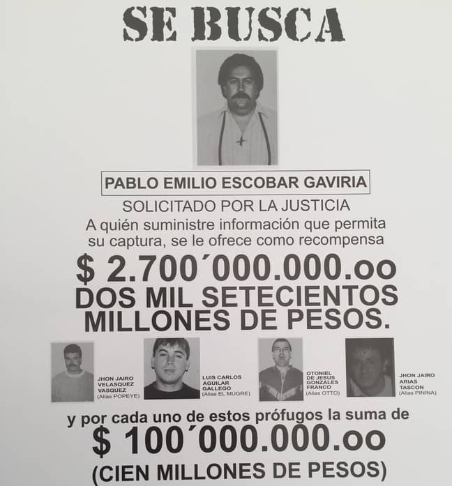 A wanted poster offering a large reward for Pablo Escobar. Credit: PA