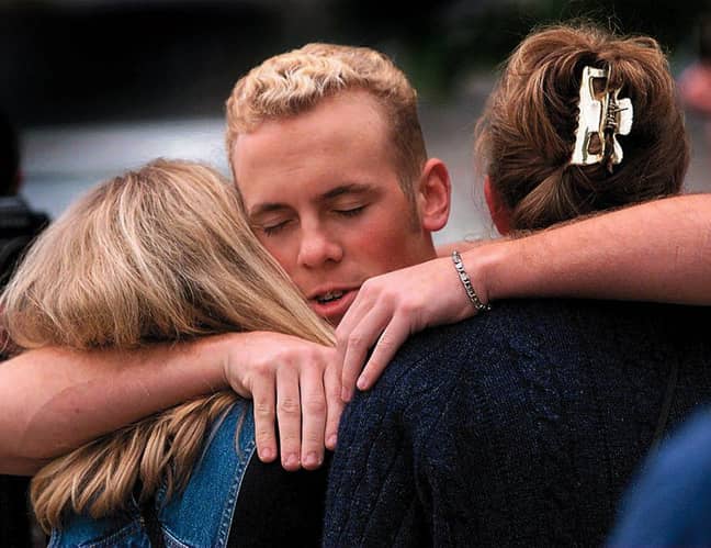 Devastated students of Thurston High School after the shooting in 1998. Credit: PA