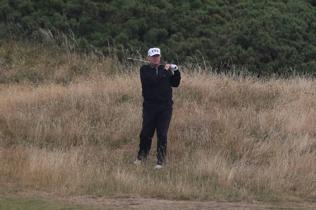 Trump plays out of the rough at Turnberry. Credit: PA