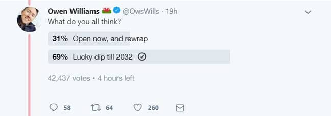 Owen Williams started a poll asking people what the family should do after his daughter received 14 years worth of Christmas presents. Credit: Twitter/@OwsWills