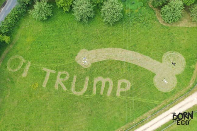 Born Eco has mowed a 'welcome' message into a field for Donald Trump to see upon his arrival in the UK. Credit: Twitter/Born Eco