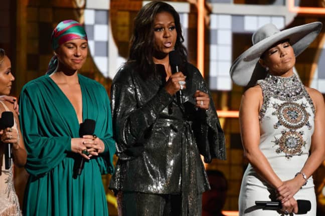 Alicia Keys, Michelle Obama and Jennifer Lopez appear during the 61st Annual Grammy Awards. Credit: PA