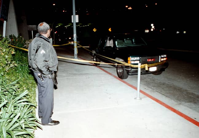 Area cordoned off where Biggie's car was shot up. Credit: PA