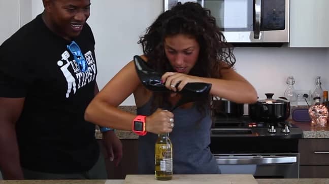You can use a high heel to break into a bottle. Credit: Tipsy Bartender/YouTube