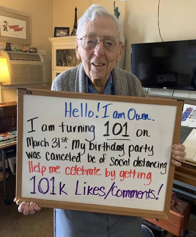 Owen had to cancel his 101st birthday party due to the coronavirus outbreak. Credit: Twitter