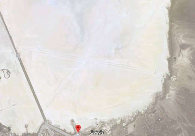 Just to the North East, the runways can be seen on the dry lake. Credit: Google Maps