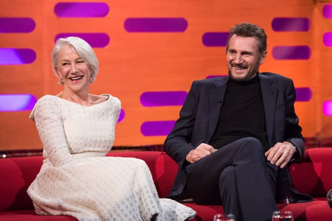 Helen Mirren and Liam Neeson, during the filming of the Graham Norton Show. Credit: PA