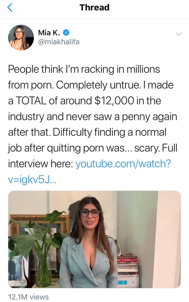 Mia Khalifa says she made $12,000 (£9,950) from her three month porn career. Credit: Twitter/@miakhalifa