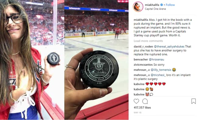 Mia Khalifa's breast implant was damaged by a hockey puck in July. Credit: Instagram/miakhalifa